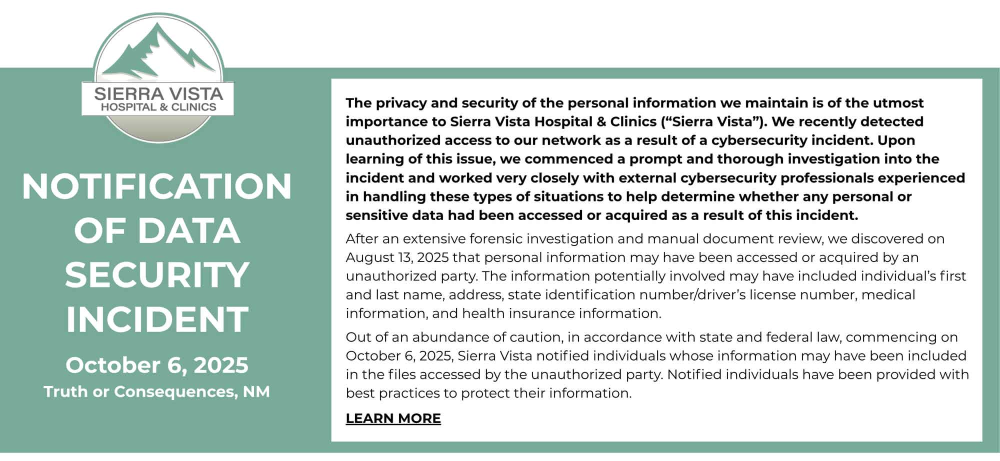 Sierra Vista Hospital Breach Notice